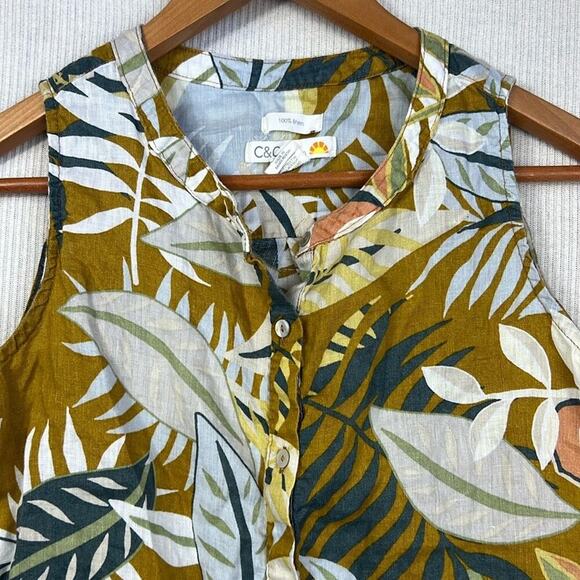 C&C California 100% Linen Sleeveless Button Front Top Blouse Women’s XS Tropical - Picture 2 of 7